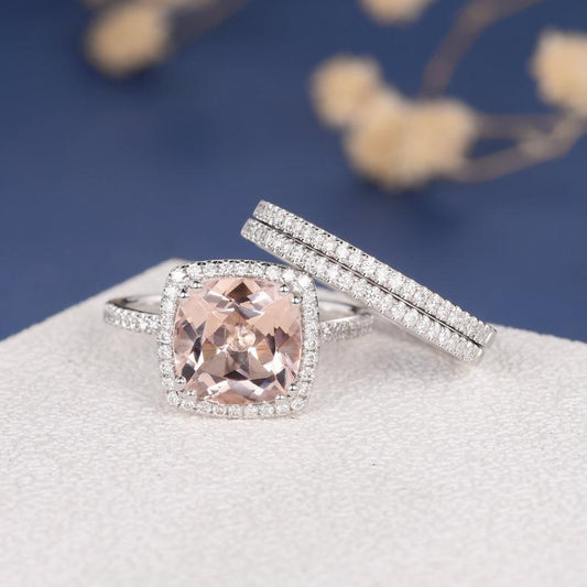 1 CT Cushion Cut Morganite Diamond 925 Sterling Silver Halo Trio Wedding Ring Set