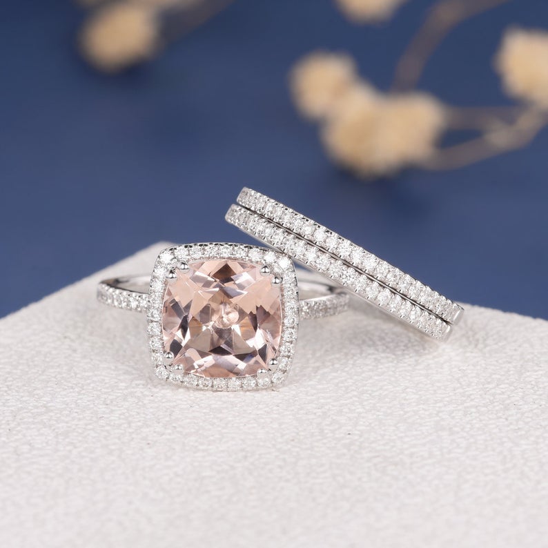 1 CT Cushion Cut Pink Morganite Diamond White Gold Over On 925 Sterling Silver Trio Ring Set