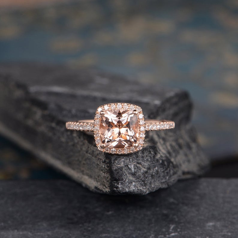 2 CT Cushion Cut Morganite Diamond Rose Gold Over On 925 Sterling Silver Halo Promise Ring Gift For Women