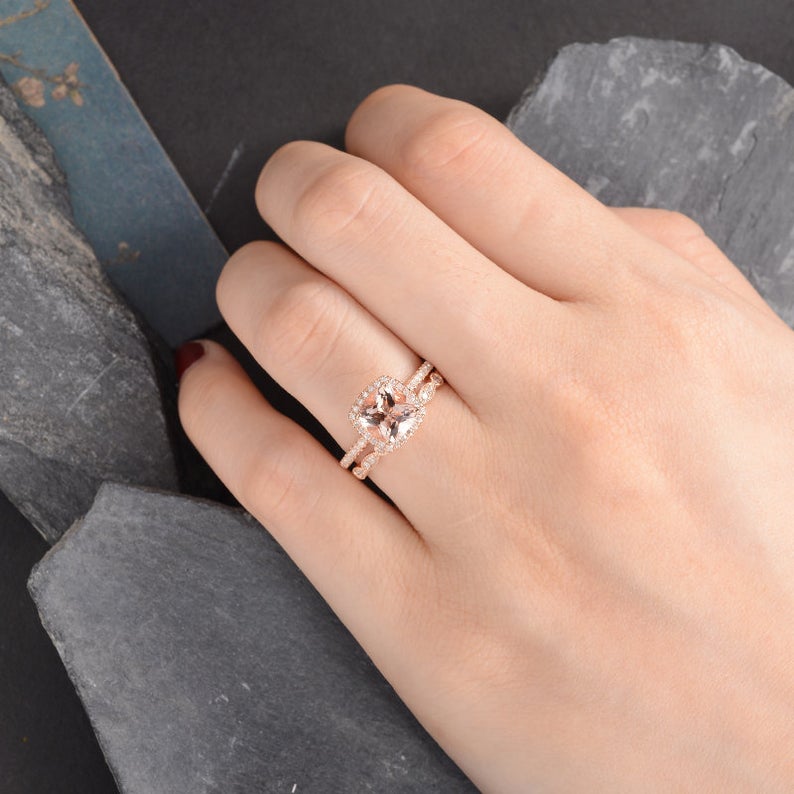 1 CT Cushion Cut Morganite Rose Gold Over On 925 Sterling Silver Halo Bridal Ring Set