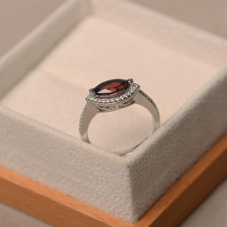 1.50 CT Marquise Cut Red Garnet Halo Anniversary Gift Ring In 925 Sterling Silver