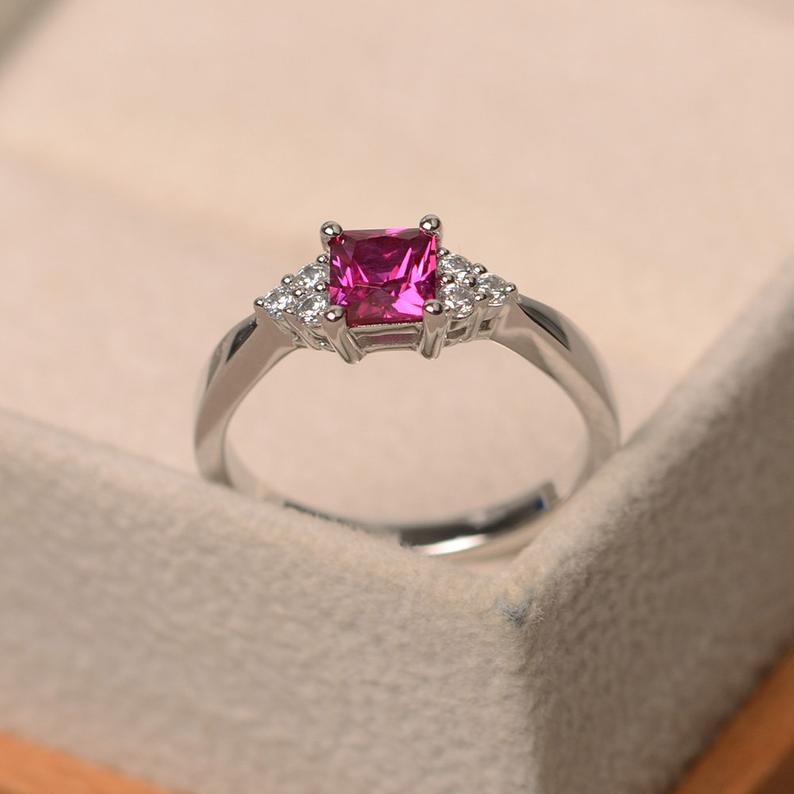 1.20 Ct Princess Cut Pink Ruby 925 Sterling Silver Solitaire W/Accents Promise Ring