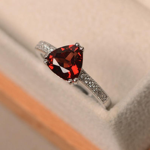 1.50 Ct Trillion Cut Red Garnet 925 Sterling Silver January Birthstone Solitaire W/Accents Ring
