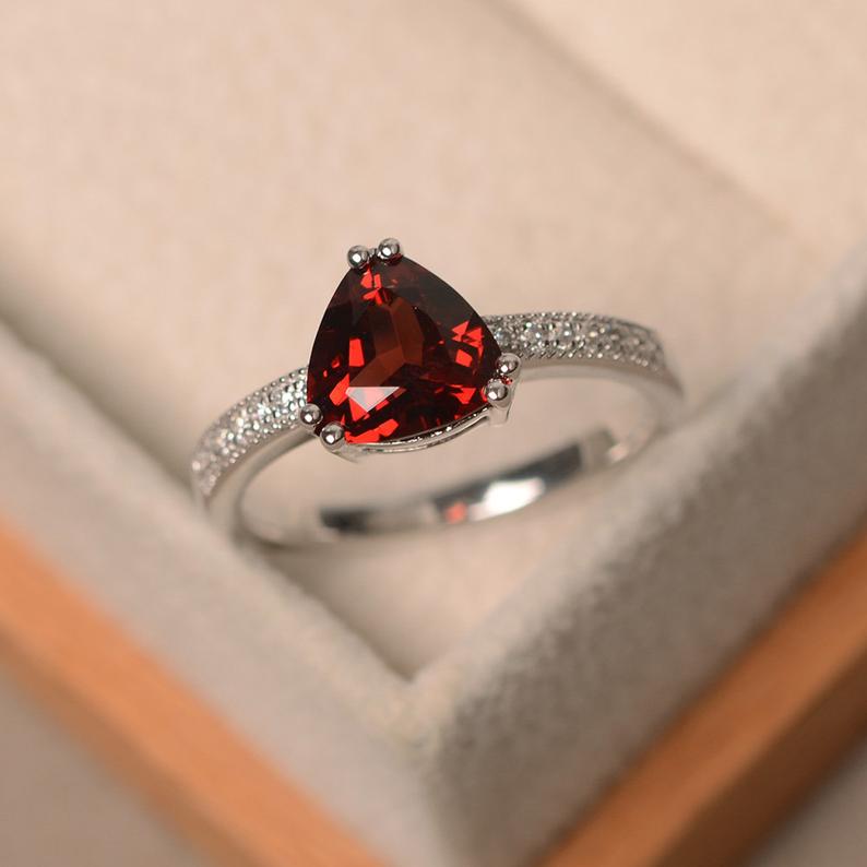1.50 Ct Trillion Cut Red Garnet 925 Sterling Silver January Birthstone Solitaire W/Accents Ring