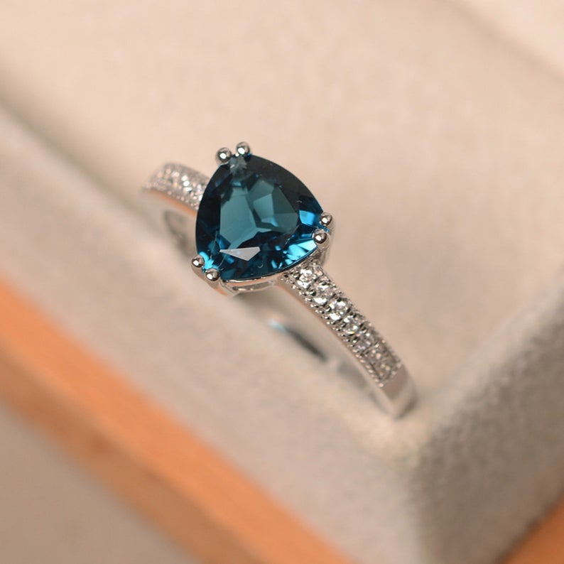 2.10 Ct Trillion Cut London Blue Topaz 925 Sterling Silver Solitaire W/Accents Engagement Ring