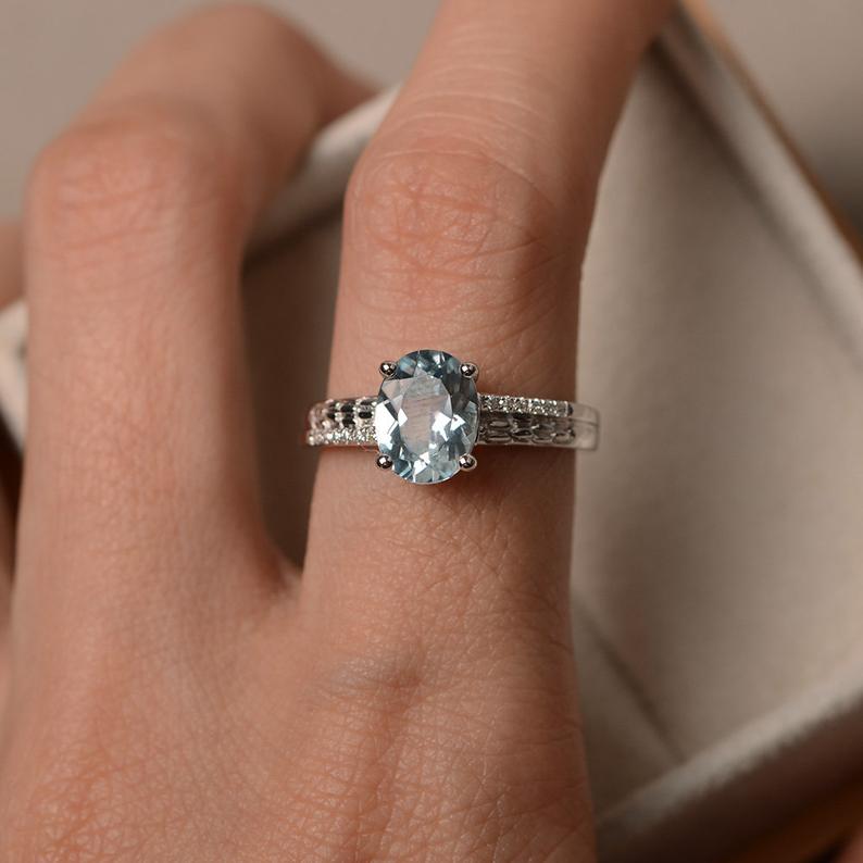 1.20 Ct Oval Cut Aquamarine 925 Sterling Silver Solitaire W/Accents Anniversary Gift Ring