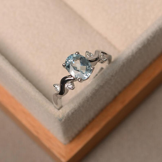 1.20 Ct Oval Cut Aquamarine 925 Sterling Silver Wave Shank Solitaire Promise Ring