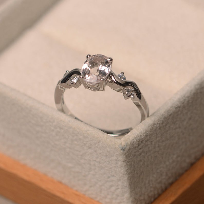 1.20 Ct Oval Cut Morganite 925 Sterling Silver Wave Shank Solitaire Promise Ring