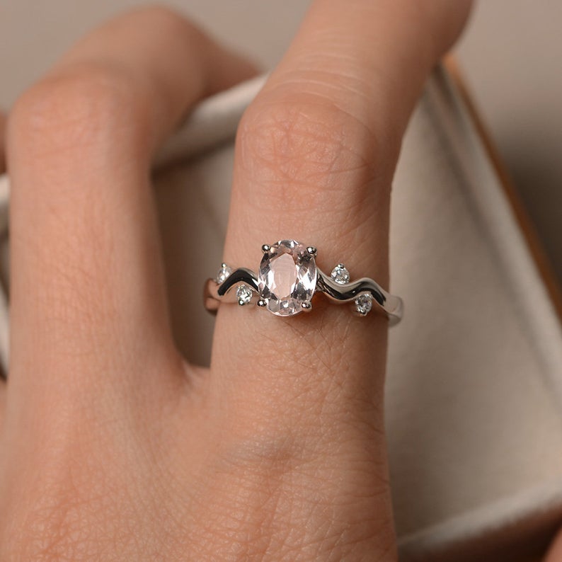 1.20 Ct Oval Cut Morganite 925 Sterling Silver Wave Shank Solitaire Promise Ring