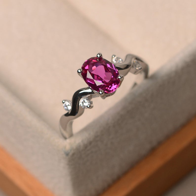 1.75 Ct Oval Cut Pink Ruby 925 Sterling Silver Solitaire Wave Shank Anniversary Gift Ring