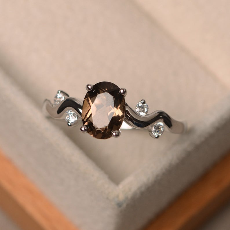 1.50 CT Oval Cut Smoky Quartz 925 Sterling Silver Wave Shank Gorgeous Engagement Ring - atjewels.in
