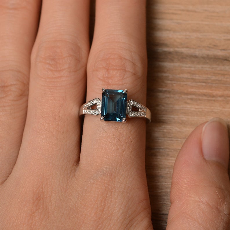 2.00 Ct Emerald Cut London Blue Topaz 925 Sterling Silver Solitaire W/Accents Engagement ring