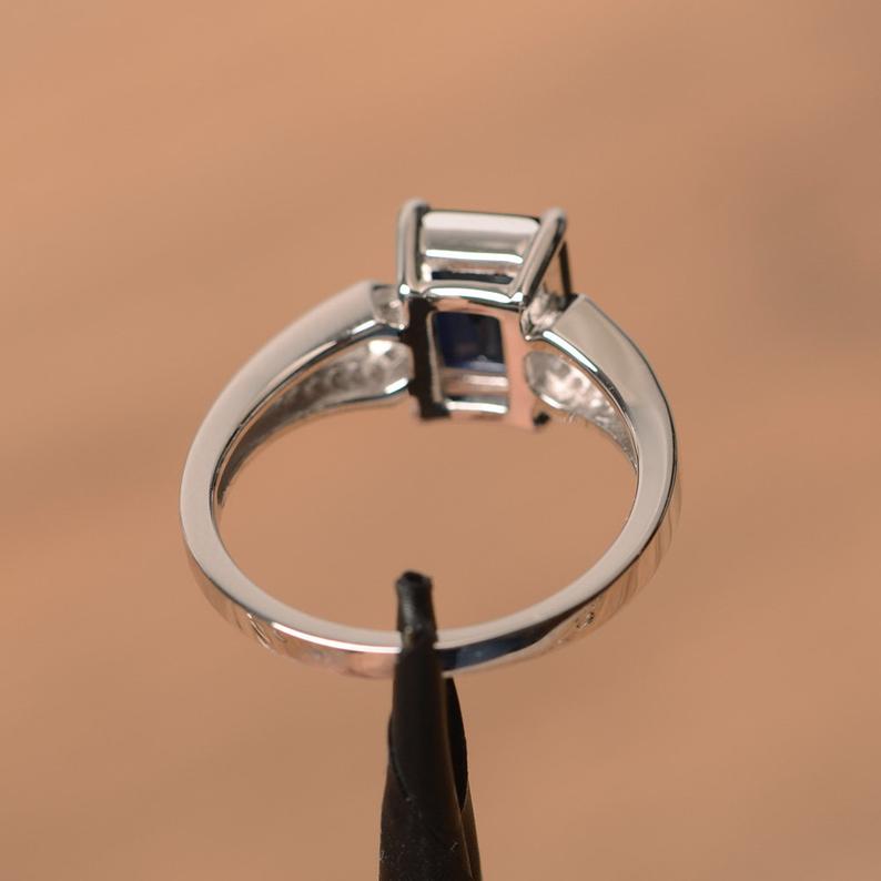 2.25 Ct Emerald Cut Blue Sapphire 925 Sterling Silver Solitaire W/Accents Engagement Ring