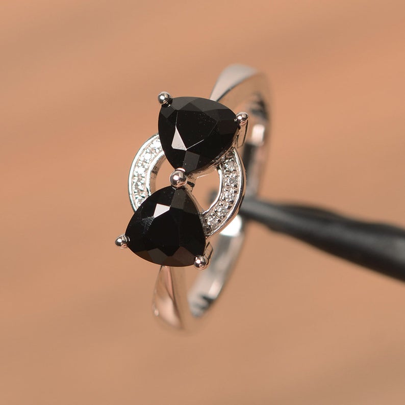 1.75 Ct Trillion Cut Black Diamond 925 Sterling Silver Unique Bow Style Promise Gift Ring