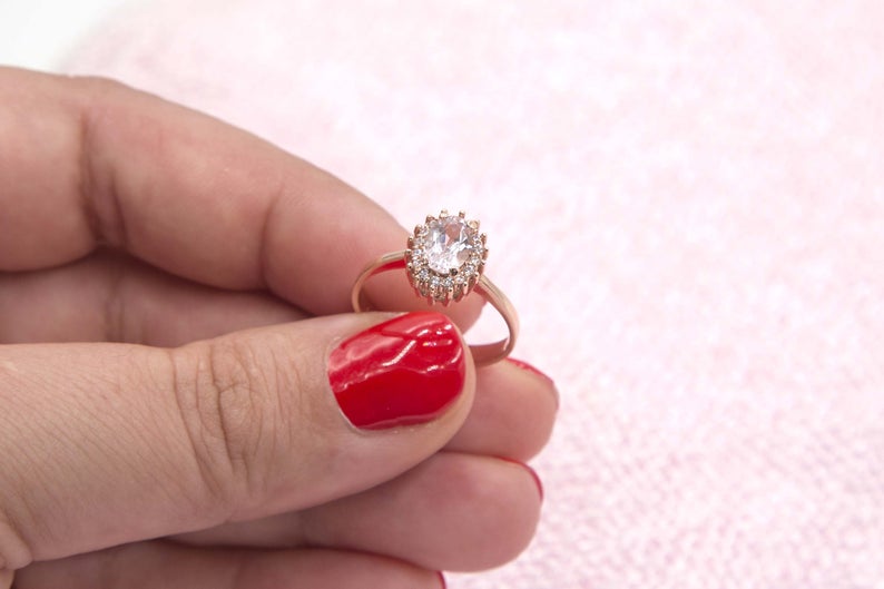 1 CT Oval Cut Pink Morganite Diamond 925 Sterling Silver Halo Engagement Ring