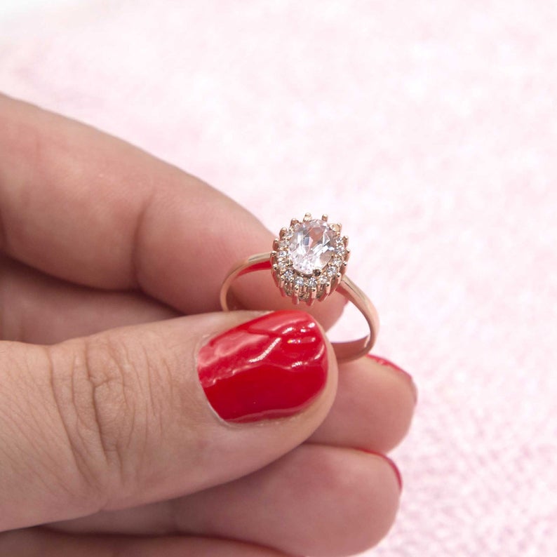 1 CT Oval Cut Pink Morganite Diamond 925 Sterling Silver Halo Engagement Ring