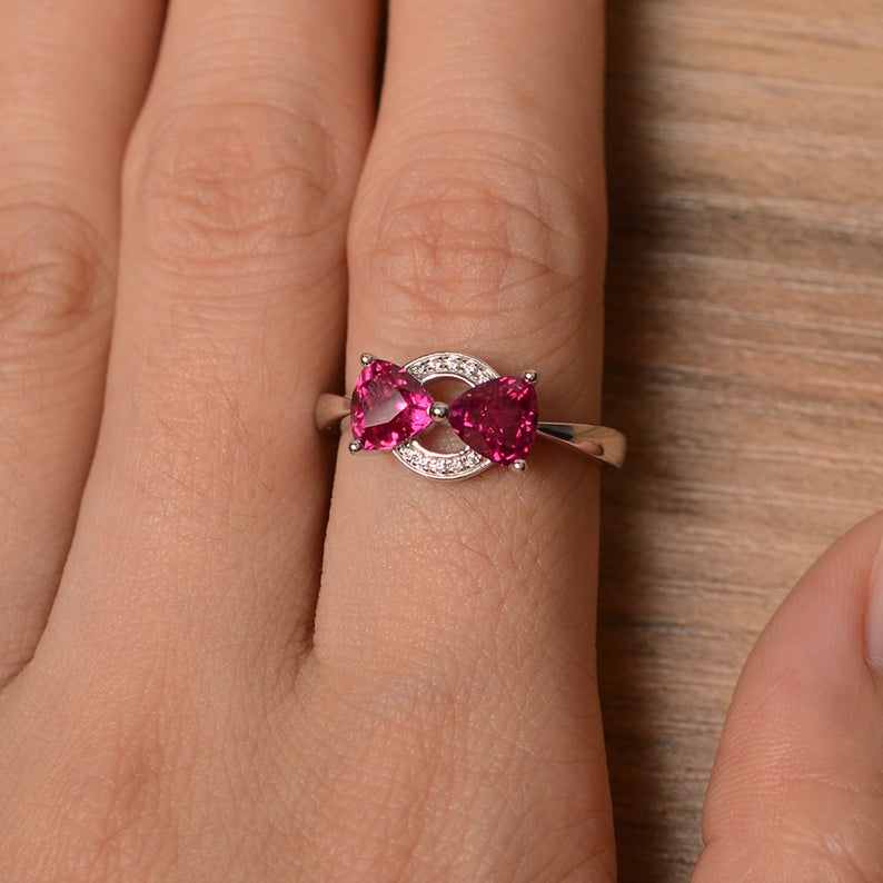 1.75 Ct Trillion Cut Red Ruby 925 Sterling Silver Pretty Bow Style Promise Gift Ring For Her