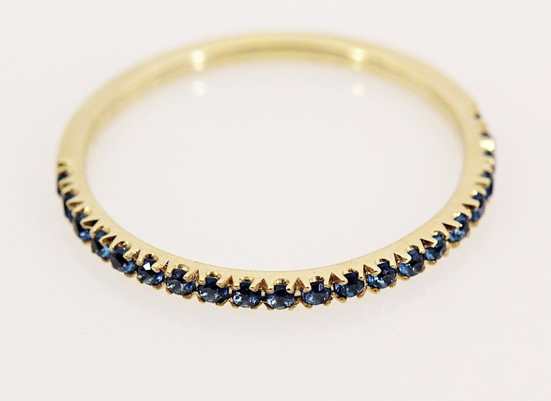 0.25 CT Blue Sapphire Diamond Yellow Gold Over On 925 Sterling Silver Half Eternity Wedding Band Ring