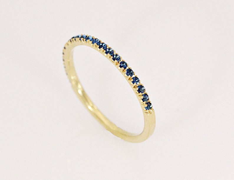 0.25 CT Blue Sapphire Diamond Yellow Gold Over On 925 Sterling Silver Half Eternity Wedding Band Ring