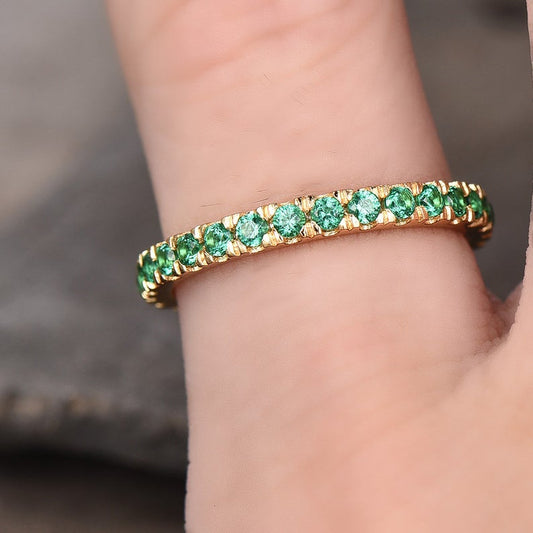 0.25 CT Round Cut Green Emerald Yellow Gold Over On 925 Sterling Silver Full Eternity Promise Ring