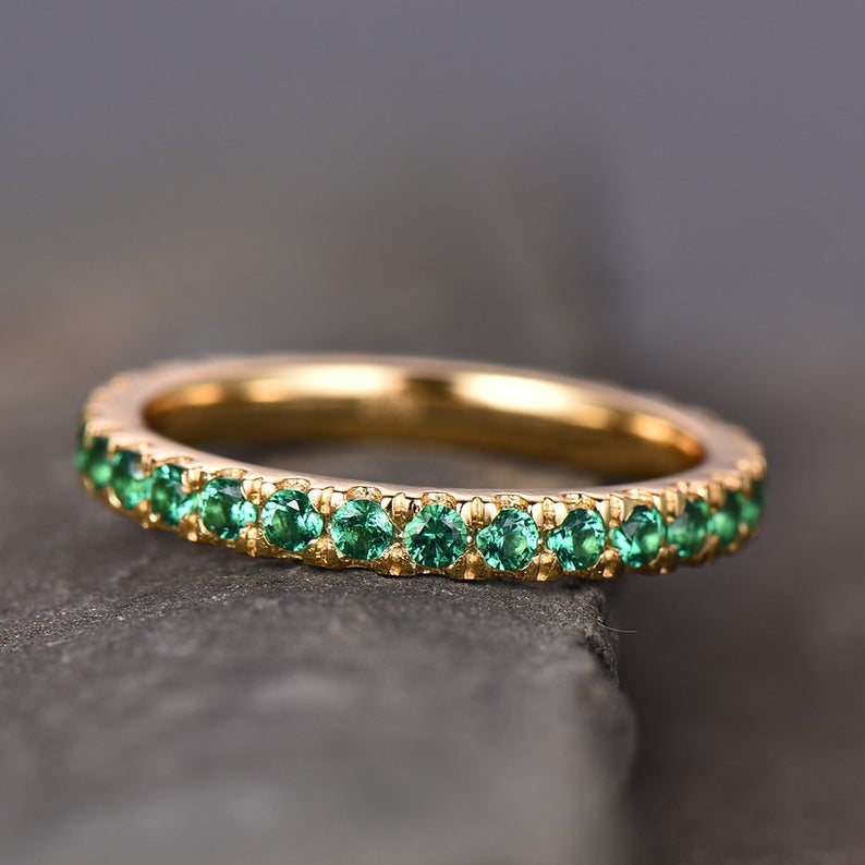 0.25 CT Round Cut Green Emerald Yellow Gold Over On 925 Sterling Silver Full Eternity Promise Ring