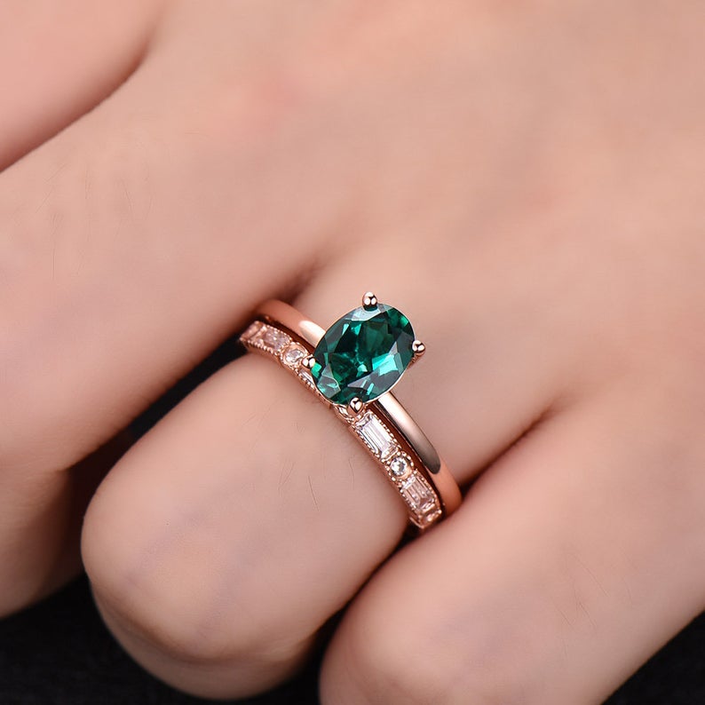 1 CT Oval Cut Emerald Diamond Rose Gold Over On 925 Sterling Silver Wedding Bridal Ring Set