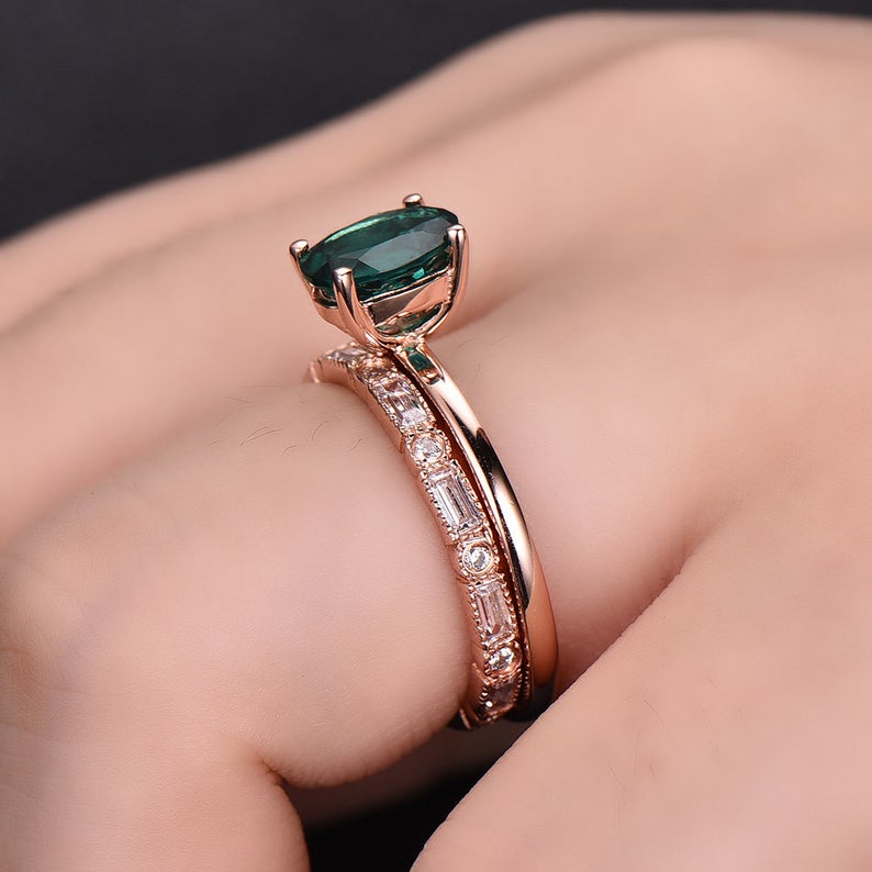 1 CT Oval Cut Emerald Diamond Rose Gold Over On 925 Sterling Silver Wedding Bridal Ring Set