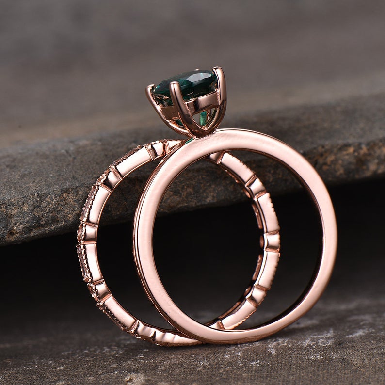 1 CT Oval Cut Emerald Diamond Rose Gold Over On 925 Sterling Silver Wedding Bridal Ring Set
