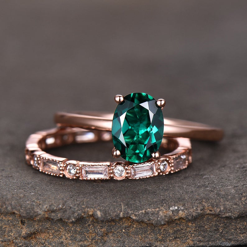 1 CT Oval Cut Emerald Diamond Rose Gold Over On 925 Sterling Silver Wedding Bridal Ring Set
