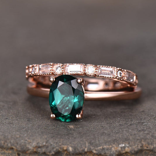 1 CT Oval Cut Emerald Diamond Rose Gold Over On 925 Sterling Silver Wedding Bridal Ring Set