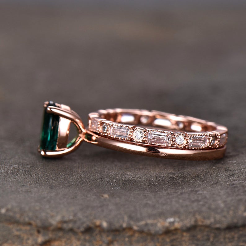 1 CT Oval Cut Emerald Diamond Rose Gold Over On 925 Sterling Silver Wedding Bridal Ring Set