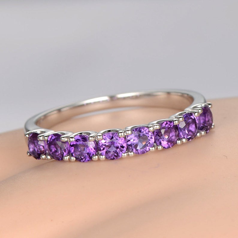 1 CT Round Cut Amethyst Diamond 925 Sterling Silver Half Eternity Wedding Band Ring