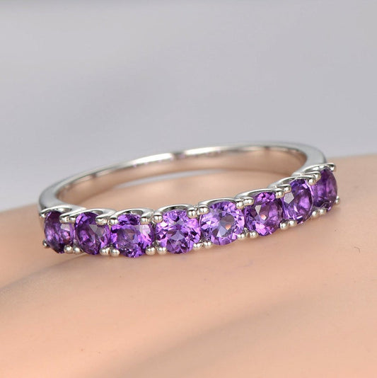 1 CT Round Cut Amethyst Diamond 925 Sterling Silver Half Eternity Wedding Band Ring