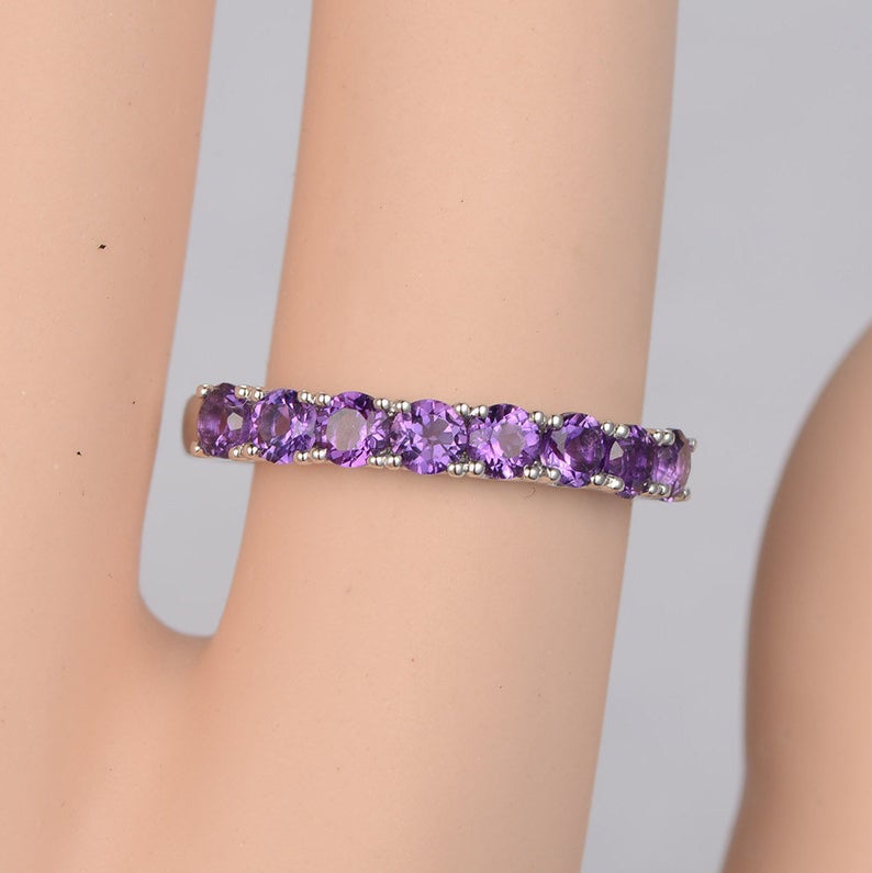 1 CT Round Cut Amethyst Diamond 925 Sterling Silver Half Eternity Wedding Band Ring