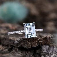 1 CT Emerald Cut Light Blue Aquamarine Diamond 925 Sterling Silver March Birthstone Promise Ring