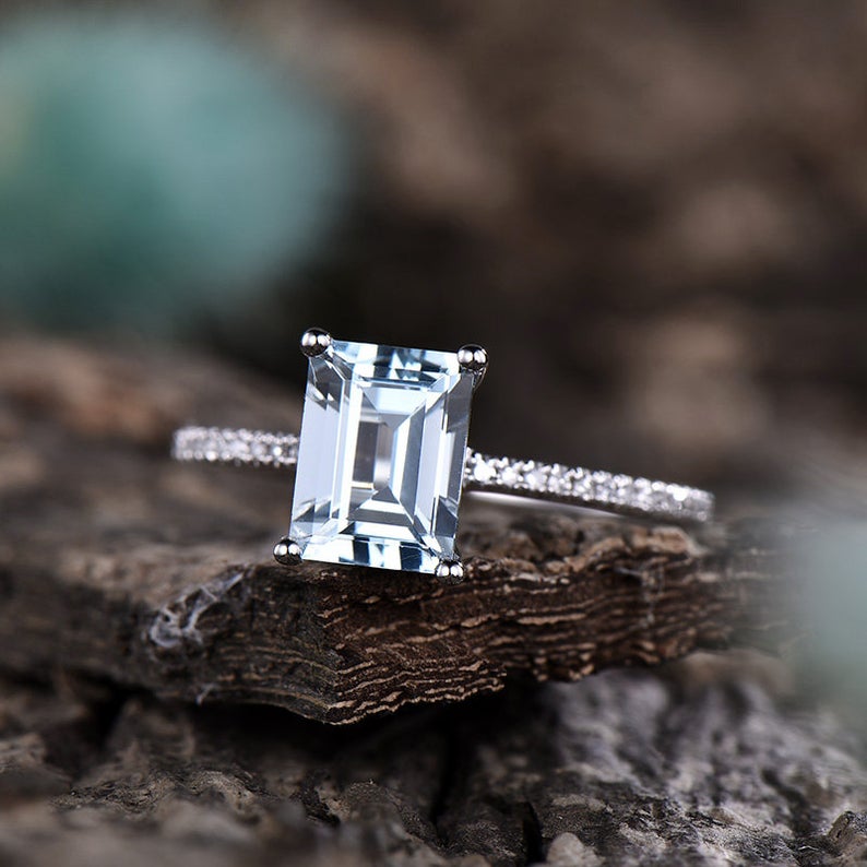 1 CT Emerald Cut Light Blue Aquamarine Diamond 925 Sterling Silver March Birthstone Promise Ring