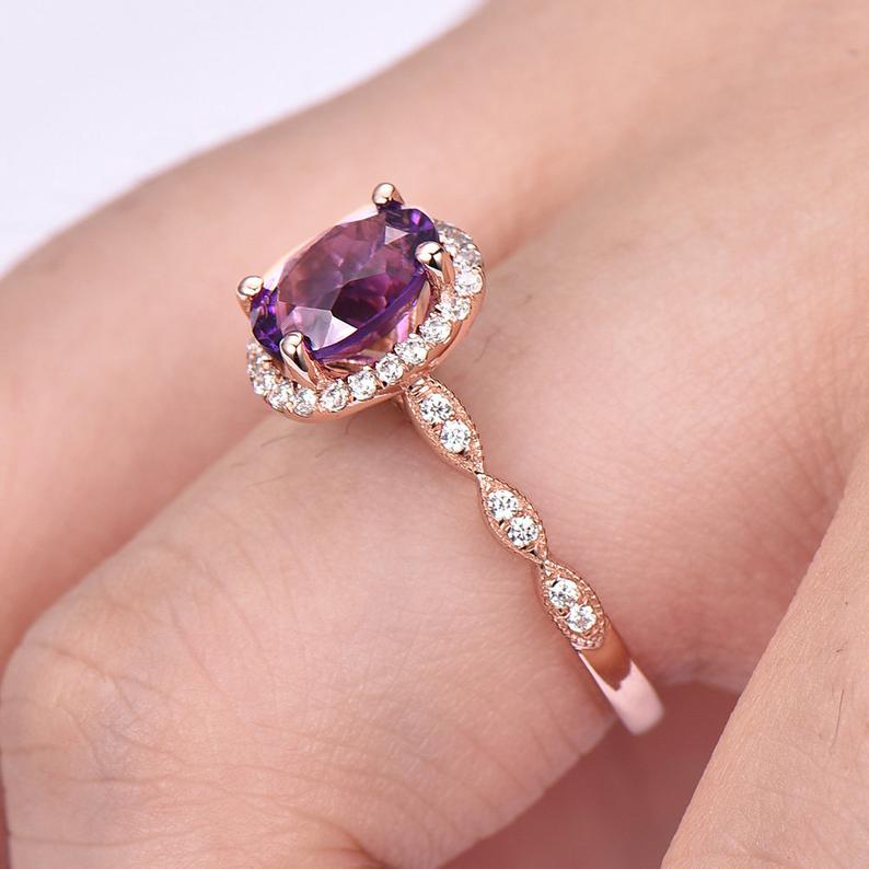 2 CT Oval Cut Amethyst Diamond 925 Sterling Silver Halo Promise Ring