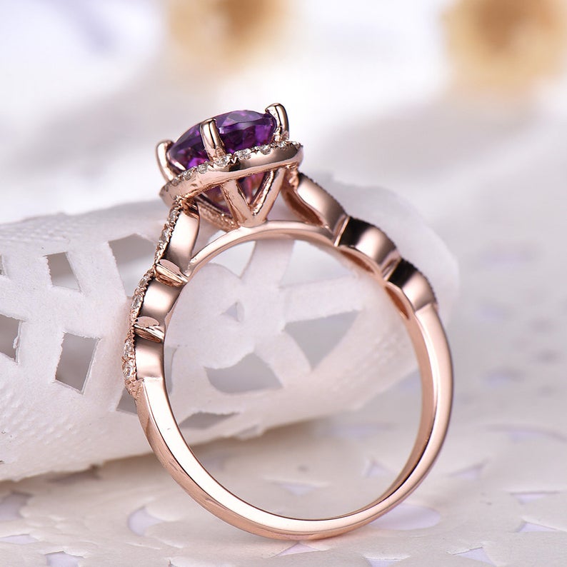 1 CT Oval Cut Amethyst CZ Diamond Rose Gold Over On 925 Sterling Silver Halo Engagement Ring