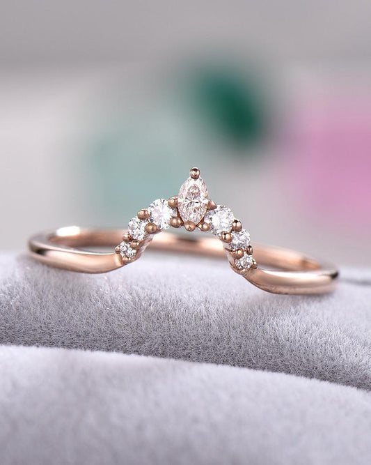 0.75 CT Marquise & Round Cut White CZ Rose Gold Over On 925 Sterling Silver Curved Wedding Band Ring