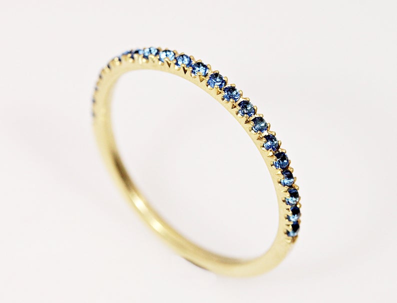 0.25 CT Blue Sapphire Diamond Yellow Gold Over On 925 Sterling Silver Half Eternity Wedding Band Ring