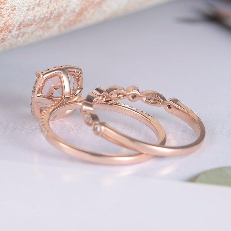 2 CT Cushion Cut Morganite Diamond Rose Gold Over On 925 Sterling Silver Wedding Women Bridal Ring Set
