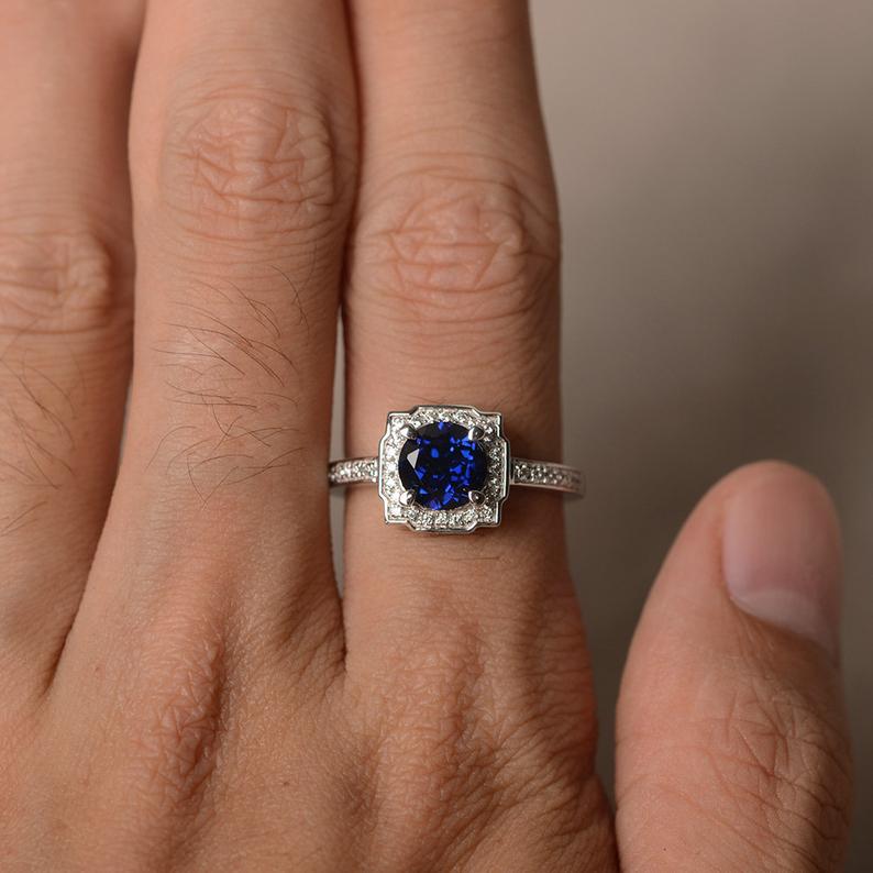 1.75 Ct Round Cut Blue Sapphire Square Halo Engagement Ring In 925 Sterling Silver