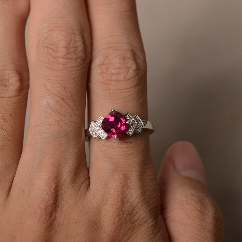 1.75 Ct Cushion Cut Red Ruby Solitaire W/Accents Unique Ring In 925 Sterling Silver