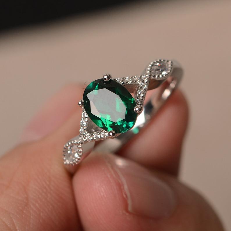 1.20 Ct Oval Cut Green Emerald Diamond 925 Sterling Silver Infinity Promise Ring