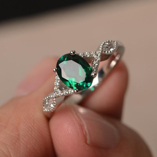 1.20 Ct Oval Cut Green Emerald Diamond 925 Sterling Silver Infinity Promise Ring