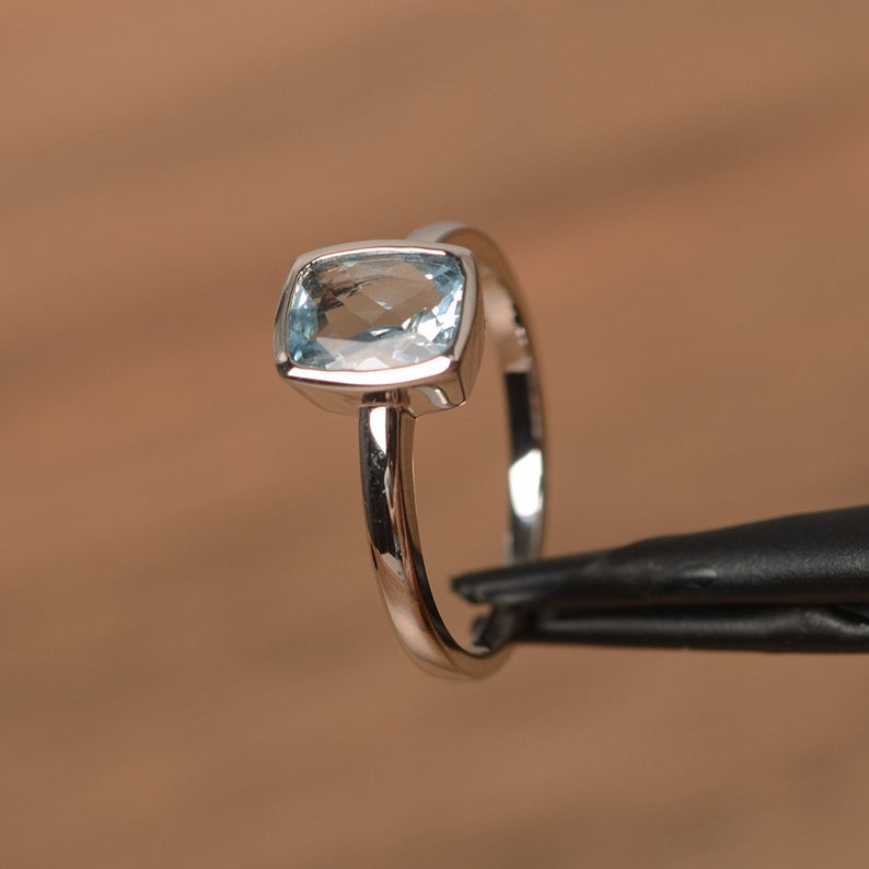 1.20 Ct Cushion Cut Aquamarine Solitaire March Birthstone Ring In 925 Sterling Silver