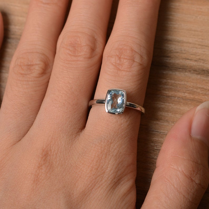 1.20 Ct Cushion Cut Aquamarine Bezel Set March Birthstone Ring In 925 Sterling Silver