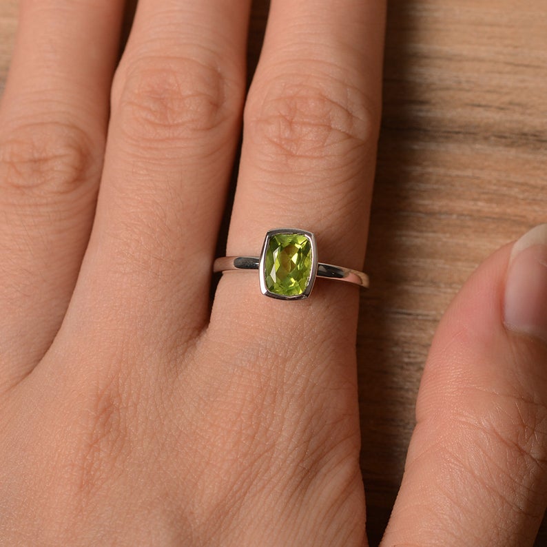 1.00 Ct Cushion Cut Peridot Bezel Set August Birthstone Ring In 925 Sterling Silver