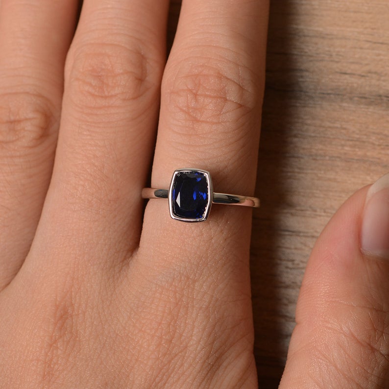 1.00 Ct Cushion Cut Blue Sapphire Bezel Set September Birthstone Ring In 925 Sterling Silver