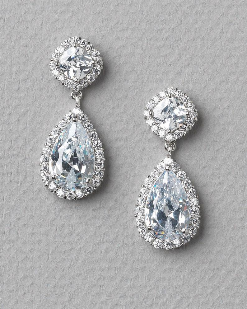 3.50 Ct Pear & Cushion Cut Diamond Halo Engagement Dangle Earrings In 925 Sterling Silver